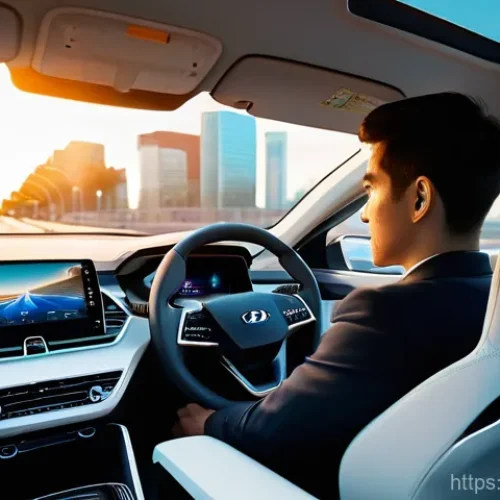 데이터사이언스와 자율주행 기술 - A person in their late 20s, with a relaxed and pleasantly surprised expression, sits in the driver's...