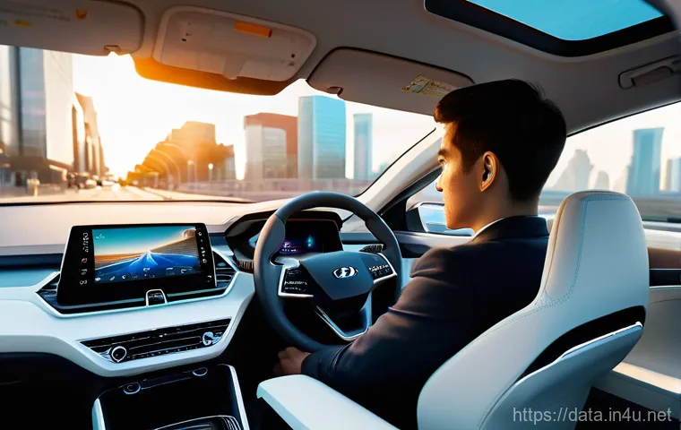 데이터사이언스와 자율주행 기술 - A person in their late 20s, with a relaxed and pleasantly surprised expression, sits in the driver's...