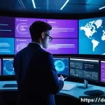 데이터사이언스와 소셜 미디어 분석 - A futuristic data scientist working in a high-tech control room filled with multiple holographic scr...