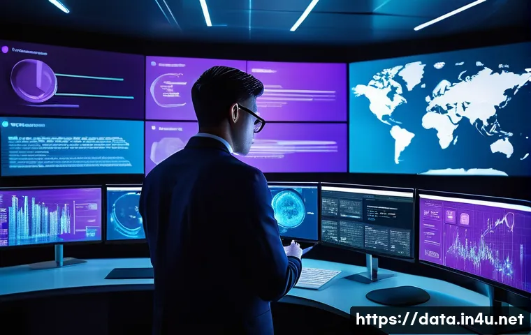 데이터사이언스와 소셜 미디어 분석 - A futuristic data scientist working in a high-tech control room filled with multiple holographic scr...