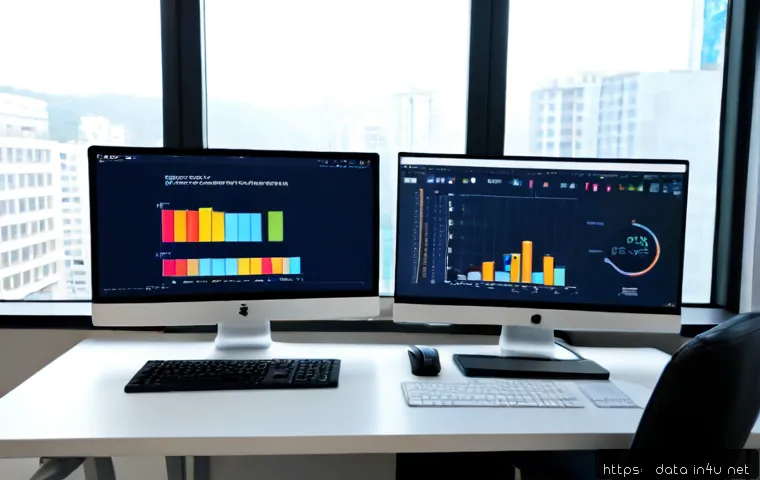 데이터사이언스에서 모델 평가 - Photorealistic data science model evaluation scene, focused analyst at a clean modern desk comparing...