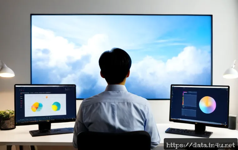데이터사이언스와 클라우드 컴퓨팅 - Photorealistic modern data science workspace, a focused analyst in business-casual clothing viewing ...