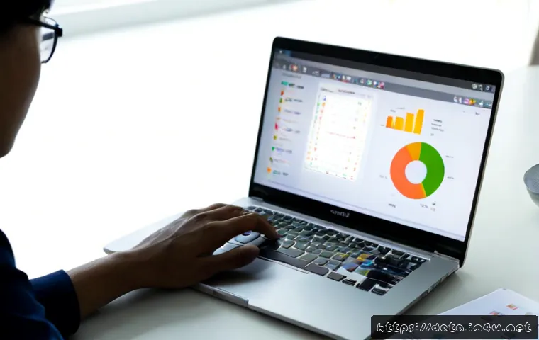 데이터사이언스 필수 프로그래밍 - Photorealistic modern data science workspace, focused professional using a laptop with abstract colo...