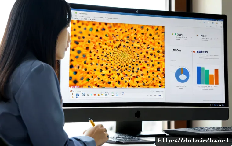 Home 17 데이터사이언스와 추천 시스템 - Photorealistic modern data science workspace, diverse analyst studying a large clean monitor with ab...
